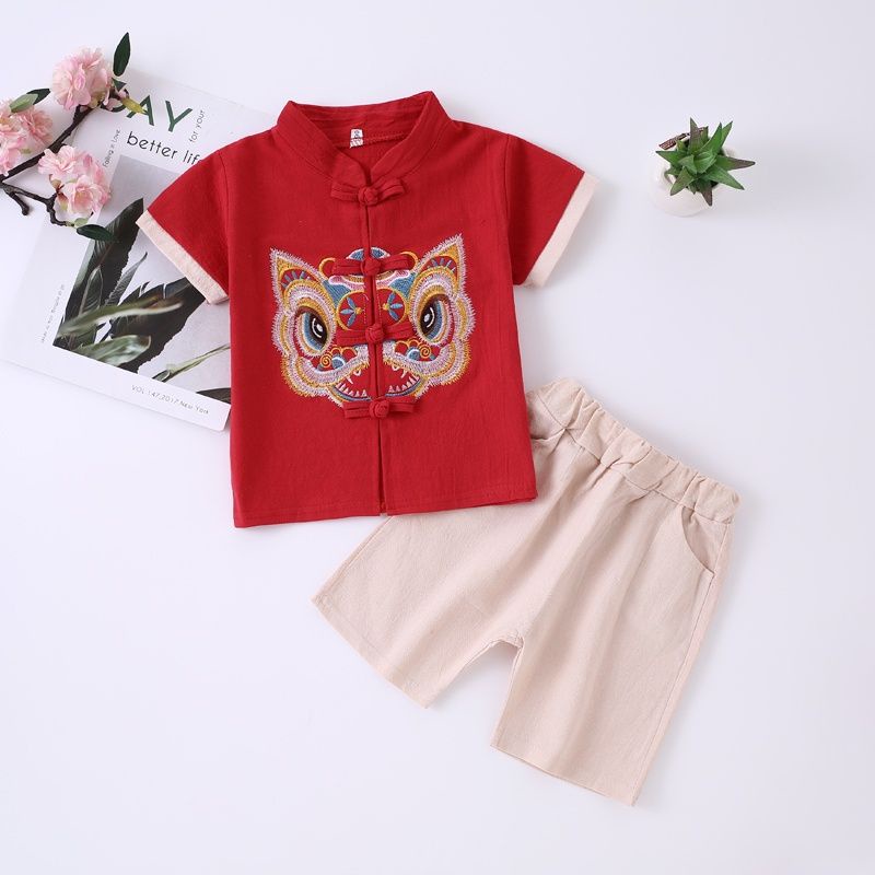 baju setelan imlek anak cowok laki CNY Barongsai xincia xin cia cheongsam hanfu tang suit tangzhuang set boy boys wear chinese traditional kid kids costume red merah embrossed embroidery sulam kain linen laki cowo bayi baby toddler balita batita