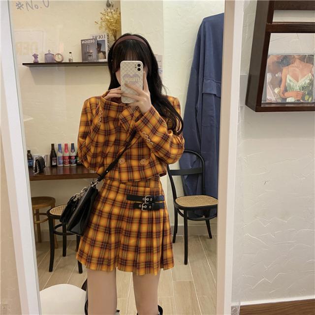 Suhao one-piece suit Chic fried street girl bisa asin atau manis jaket jas pendek + rok lipit kotak-kotak pinggang tinggi