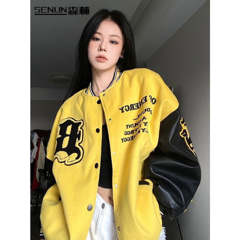 American Retro Jaket Jaket Tebal Bisbol Seragam Nasional Api Ditempel Kain Sulaman Bordir Pria dan W