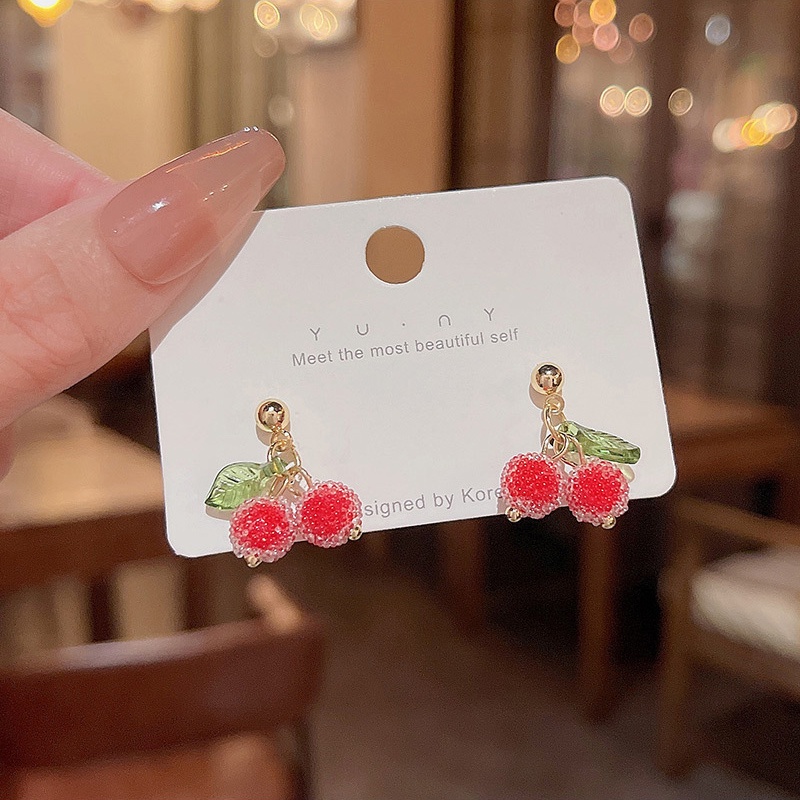 925 Perak Jarum Gula Manik-Manik Cherry Anting Fashion Perempuan Anting Lucu