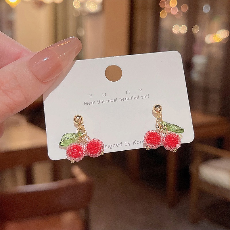 925 Perak Jarum Gula Manik-Manik Cherry Anting Fashion Perempuan Anting Lucu