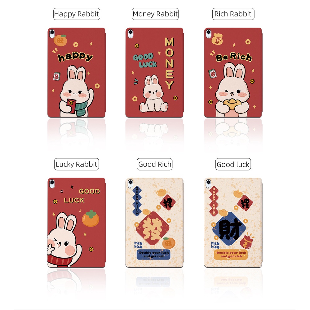 Untuk Ipad10 (2022) 10.9 &quot;iPad 10th Gen 10.9-inci A2757 A2777 Fashion Tablet Case NewYear Festival Pola Kelinci Lucu Flip Stand Casing PU Leather Cover Pelindung