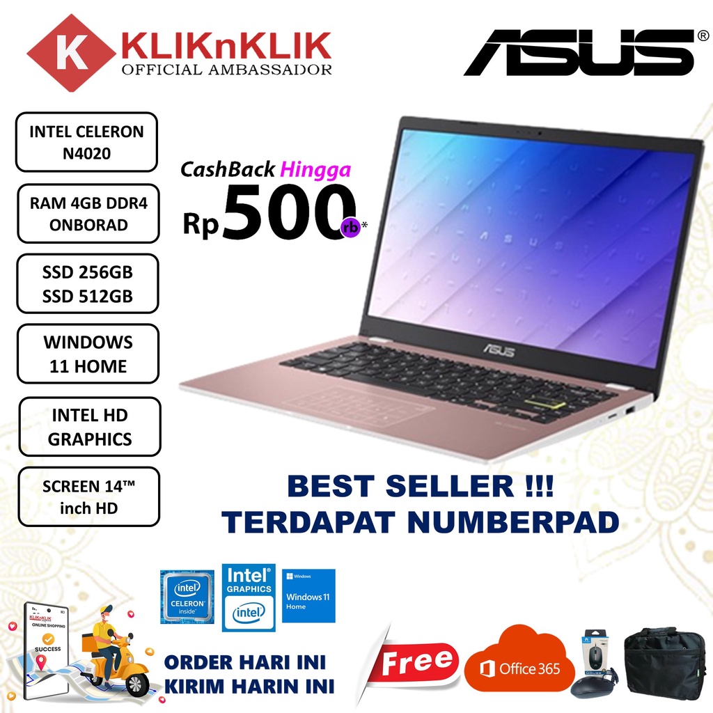11 6 Intel Celeron 1 6 Ghz 4 Go Ssd 1 To Jual Laptop Asus Vivobook 14 E410MA Intel Celeron N4020 4GB 512GB SSD HD  Numberpad Windows 11 Home Office 365 Terlaris | Shopee Indonesia
