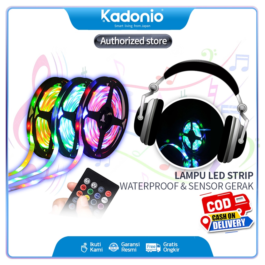 Kadonio Lampu Led Strip RGB Warna Warni waterproof IP65 2835/5050 Komplit Set Adaptor kontrol