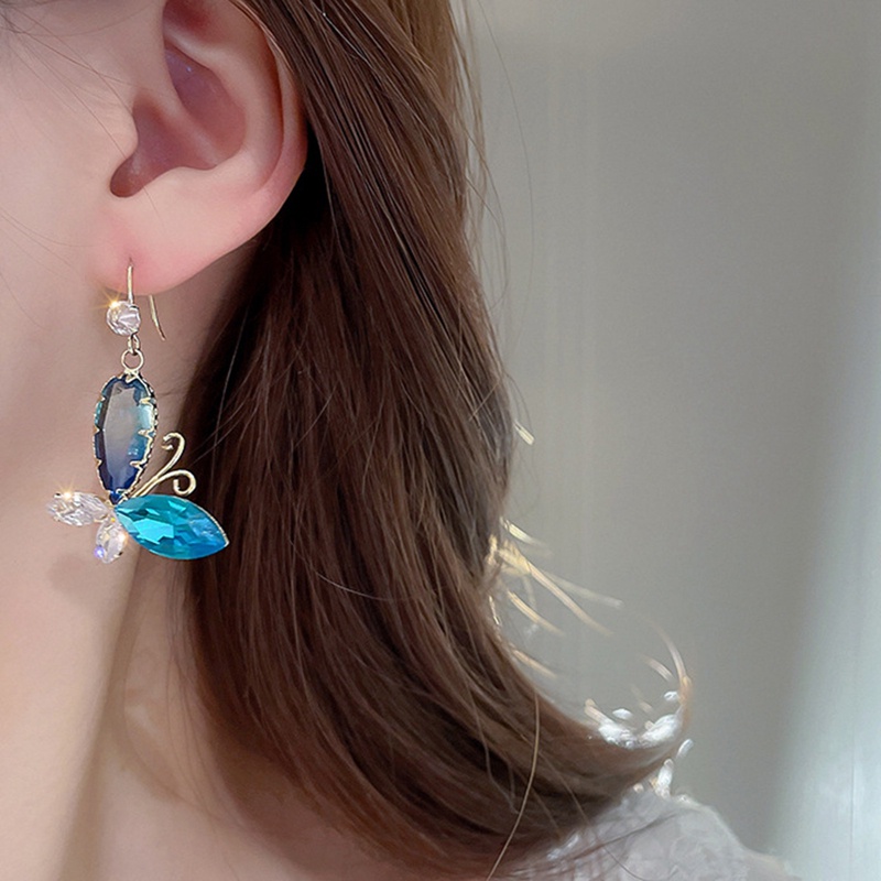 Anting Fringe Permata Kupu-Kupu Biru Temperamen Vintage Elegan Untuk Wanita Korea Fashion Earring Pesta Perhiasan Hadiah