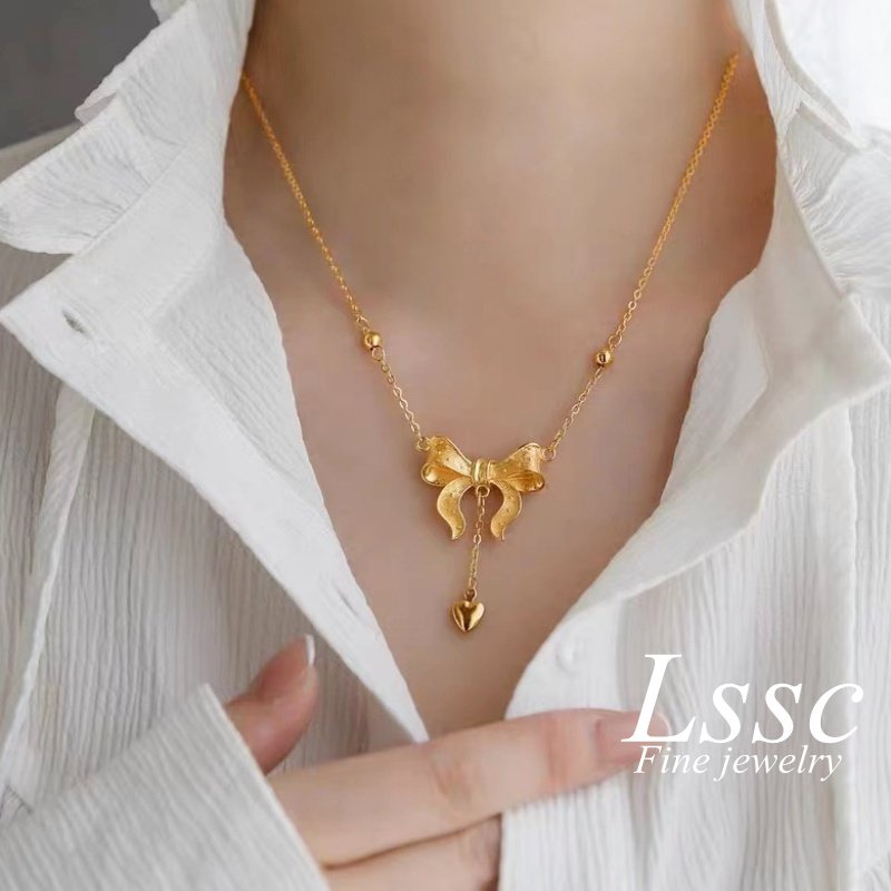 Kalung Titanium Anti Karat Pita Lucu Cantik Emas 18K Aksesoris Wanita Fashion Korea