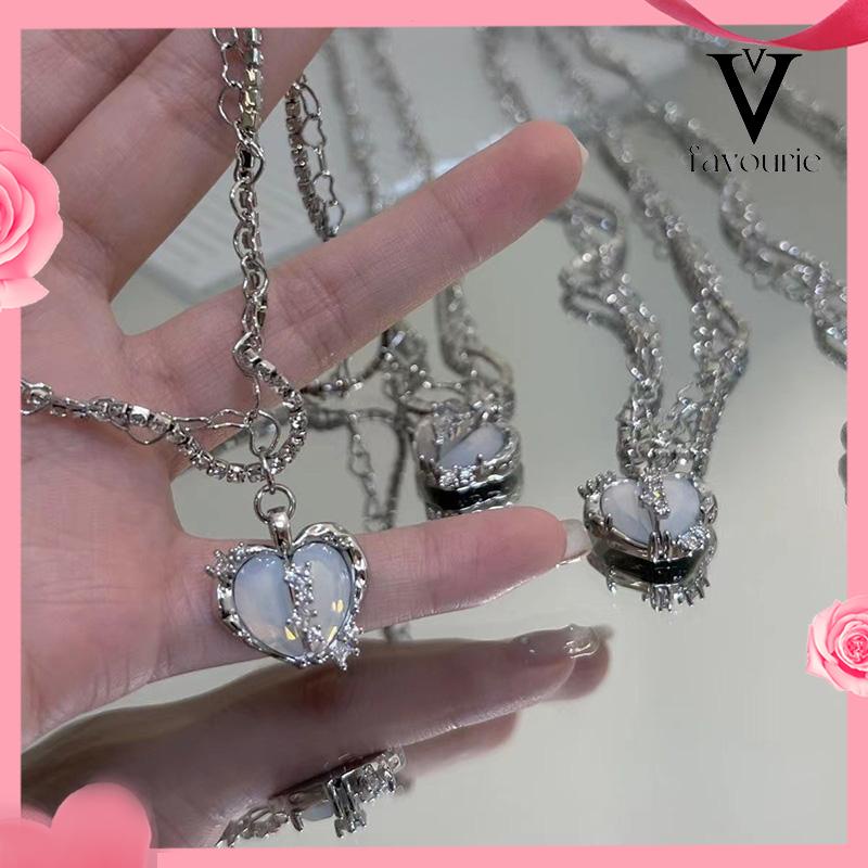 CODKalung Rantai Multilayer Liontin Hati Aksen Zircon Untuk Perhiasan Wanita-FA