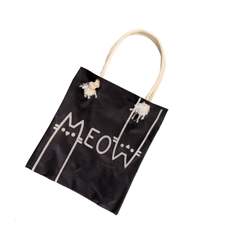 Tas Wanita Tote Bag Motif Kucing Meow Lucu Resleting Tali Sumbu