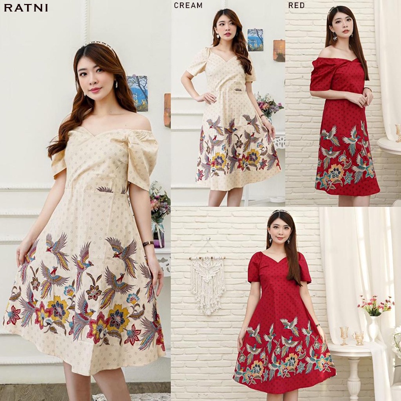 Ratni Dress Batik Wanita Sabrina Dress Wanita Batik Modern Gaun Pesta Aline Terusan Kebaya Seragam B