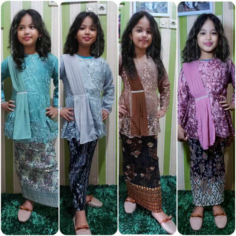 OM-Setelan Kebaya Anak Selendang/Kebaya Pesta Anak Perempuan/Kebaya Anak Umur 4-11 Tahun