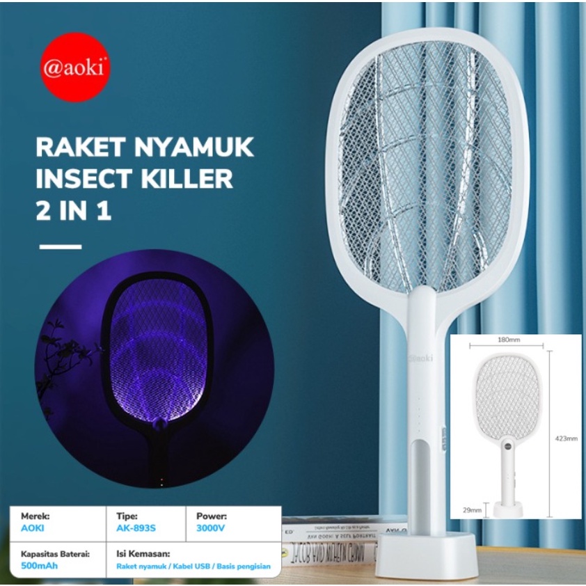 Raket nyamuk AOKI insect killer 2 in1 LED UV canggih Batre 500mAh Charger cas