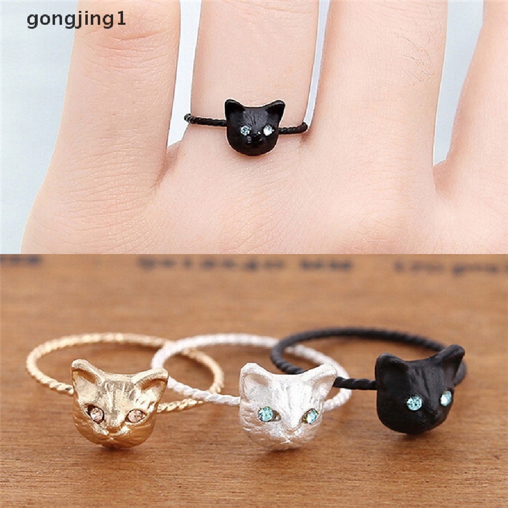 Ggg 1Pc Wanita Mini Indah Kucing Berbentuk Cincin Berlian Imitasi Studd Ring Hitam Emas Perak ID