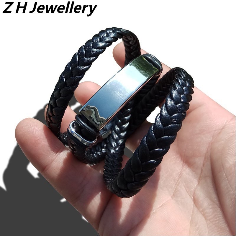 [Z H Perhiasan] Hip Hop Rock Retro Pria Fashion Stainless Steel Multilayer Gelang Kulit Pesta Perhiasan Aksesoris