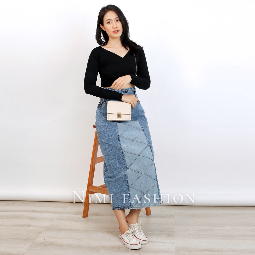 NIMI - Cerys Rok Jeans Stretch Panjang Wanita Rok Jeans Highwaist