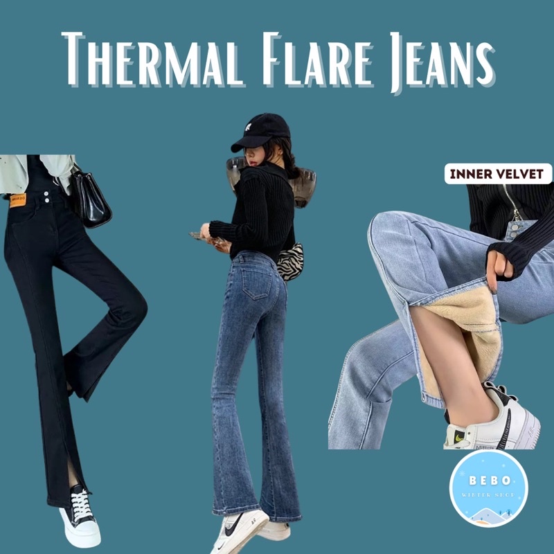 Celana Flare Jeans Denim Thermal Wanita Winter Cutbray Pants