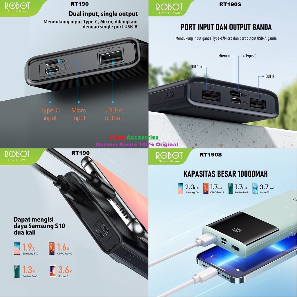 Powerbank Robot RT-190 RT190 10000mAh Dual Input 9 Smart Protaction Original