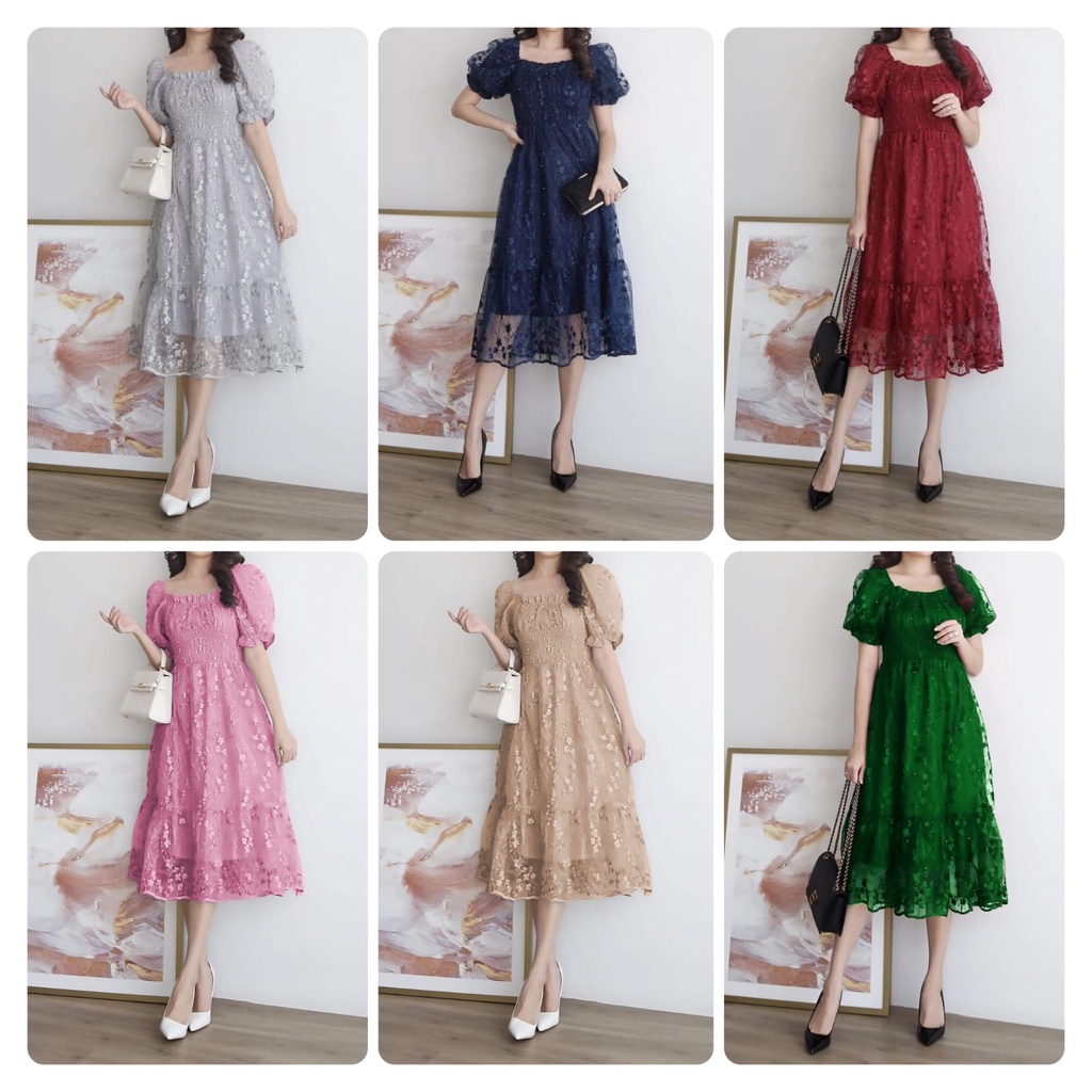 REALPIC 3 UKURAN M L XL DRESS MELDY FASHION PAKAIAN WANITA DRESS GAUN BRUKAT LAPIS FURING MS