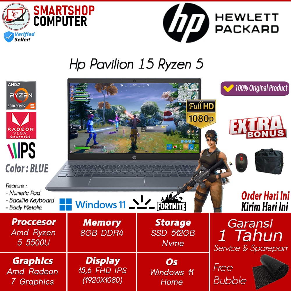 Laptop Gaming HP Pavilion 15 AMD RYZEN 5 5500U Ram 16GB 512GB 15.6 FHD IPS Windows11 Home