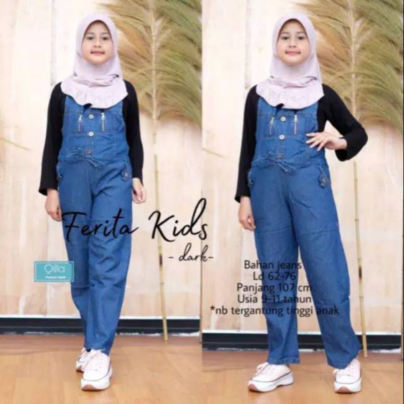 Ferita Overall Jeans Anak Perempuan Usia 9-12 Tahun/Baju Kodok Anak Perempuan Terbaru/Jumpsuit Jins 