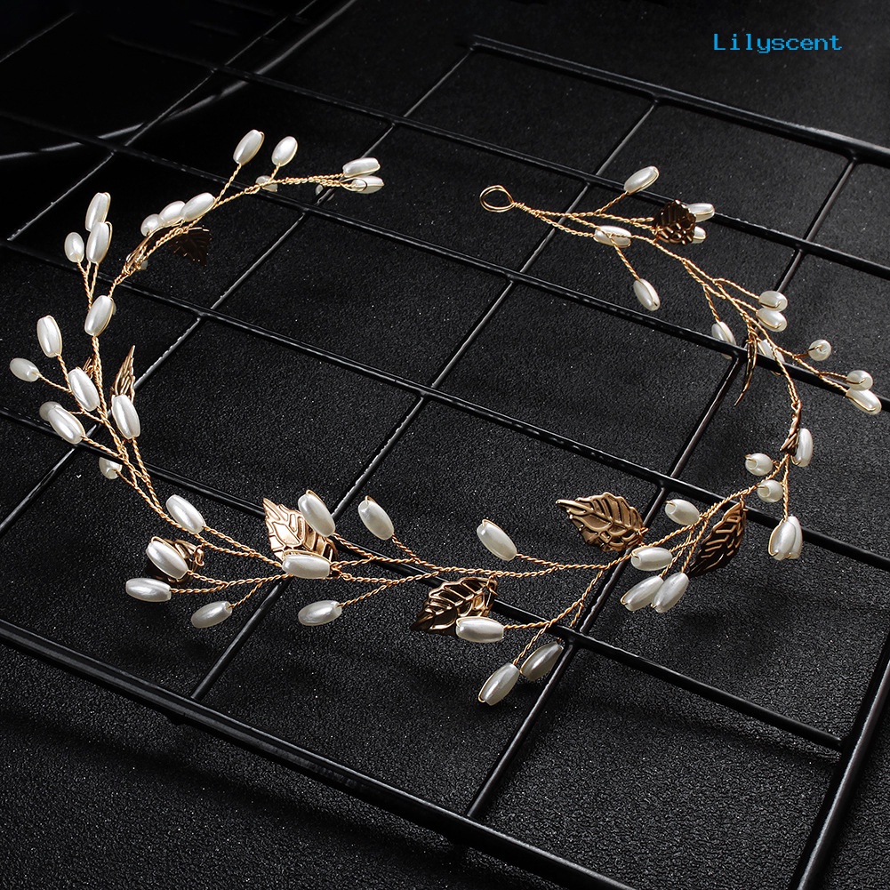 [LS]Elegant Wanita Pernikahan Hiasan Kepala Daun Mutiara Imitasi Bridal Headdress Hair Band