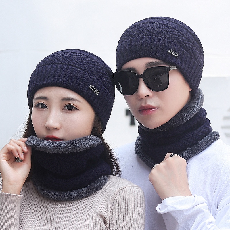 Topi Kupluk &amp; Syal Winter Pria Wanita Tebal Hangat Rajut Wool Beanie Hat Musim Dingin TKS02