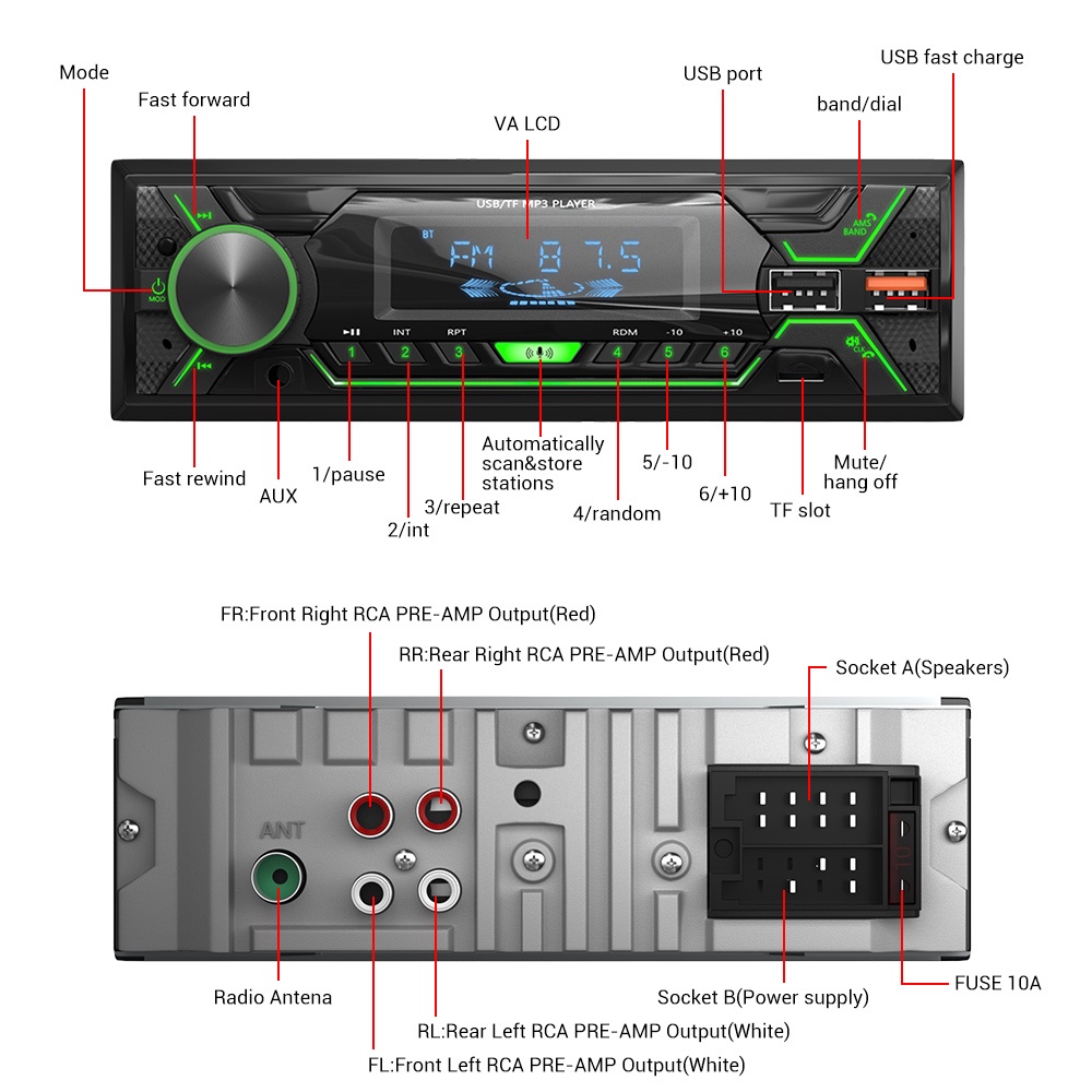 ESSGOO Mobil Stereo Car MP3 Player Single Din Car Audio Bluetooth Hands Free Stereo Support TF USB AUX FM Radio Receiver 1DIN Head Unit
