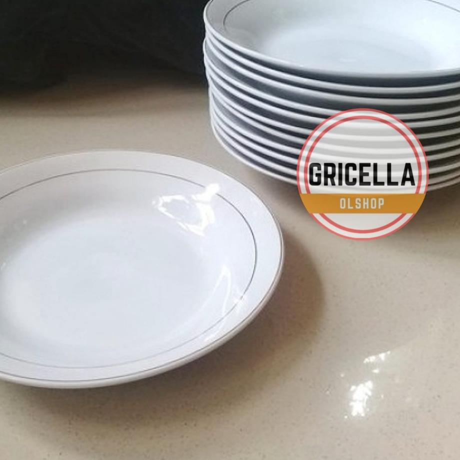 Terbaru.. 1 LUSIN Piring Makan Keramik Besar  (list emas) 9 inchi SNI MEWAH DAN TEBAL