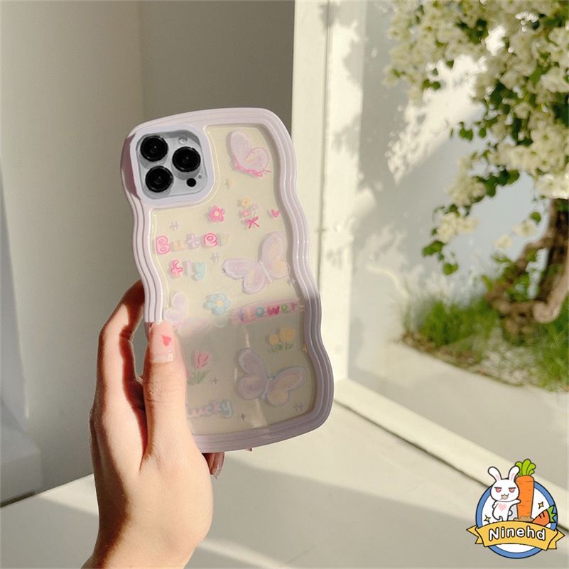 IPHONE Casing Kompatibel Untuk Iphone14 13 12 11 Pro Max X Xr Xs Max Iphone8 7 6 6s Plus Casing Ponsel Kupu-Kupu Ungu Populer Bingkai Bergelombang Silikon Bening Anti-Jatuh Soft Case Cover Pelindung