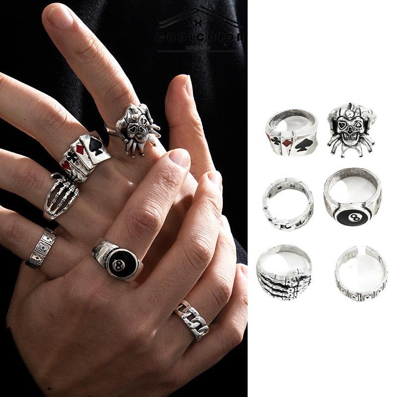 COD❤️6PCS/Set Cincin Unisex  Punk Membesar-besarkan  Badut Poker Cakar Hantu Tengkorak  Perhiasan Bulat Nomor 8- cl