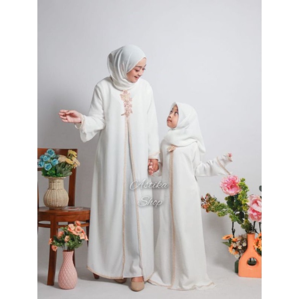 COUPLE ABAYA TURKEY RENDA MOM & KIDS | ABAYA COUPLE PUTIH OFF WHITE IBU DAN ANAK