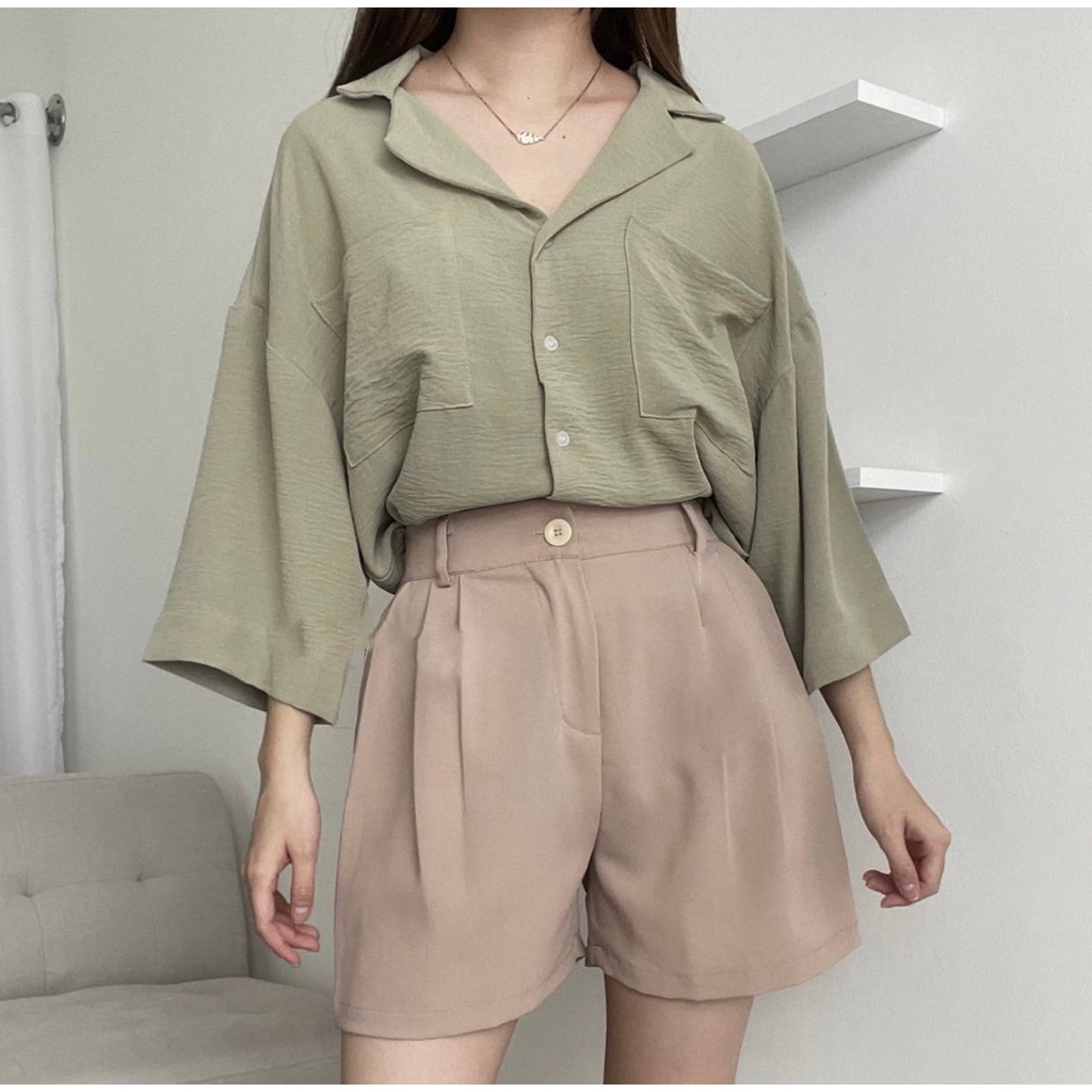 Kemeja Loose Crinkle | Saff Top 1 Pocket - Oversized Loose Shirt - Atasan Wanita PREMIUM QUALITY