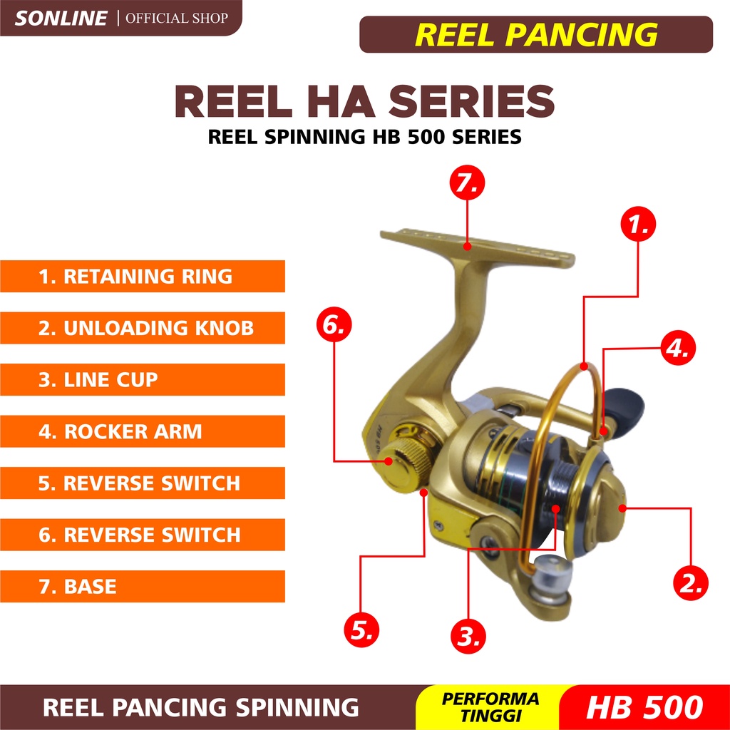 SONLINE Reel Pancing Laut Mini 500 Series Reel Pancing Warna Gold Reel Metal Reel Pancing Laut Reel HB500