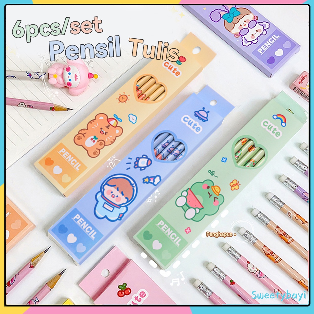 Sweetybayi 6pc Pensil set lucu Pencil tulis Alat tulis sekolah