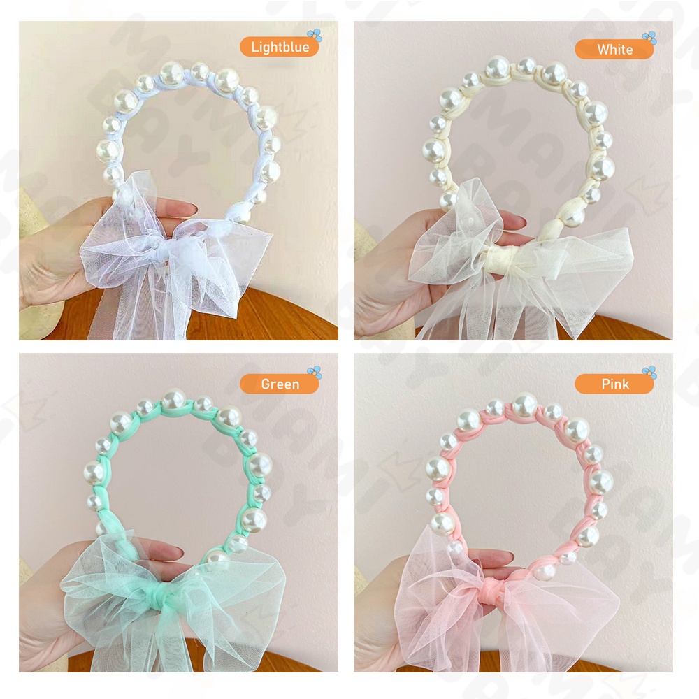 OKEYI Bando Mutiara Korea Pita Tulle Panjang Bisa diikat Bandana Anak Perempuan Fashion