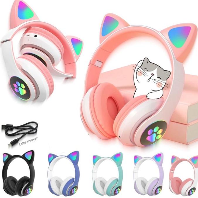 Headset Telinga Kucing Pink Lucu headphone gaming anak karakter