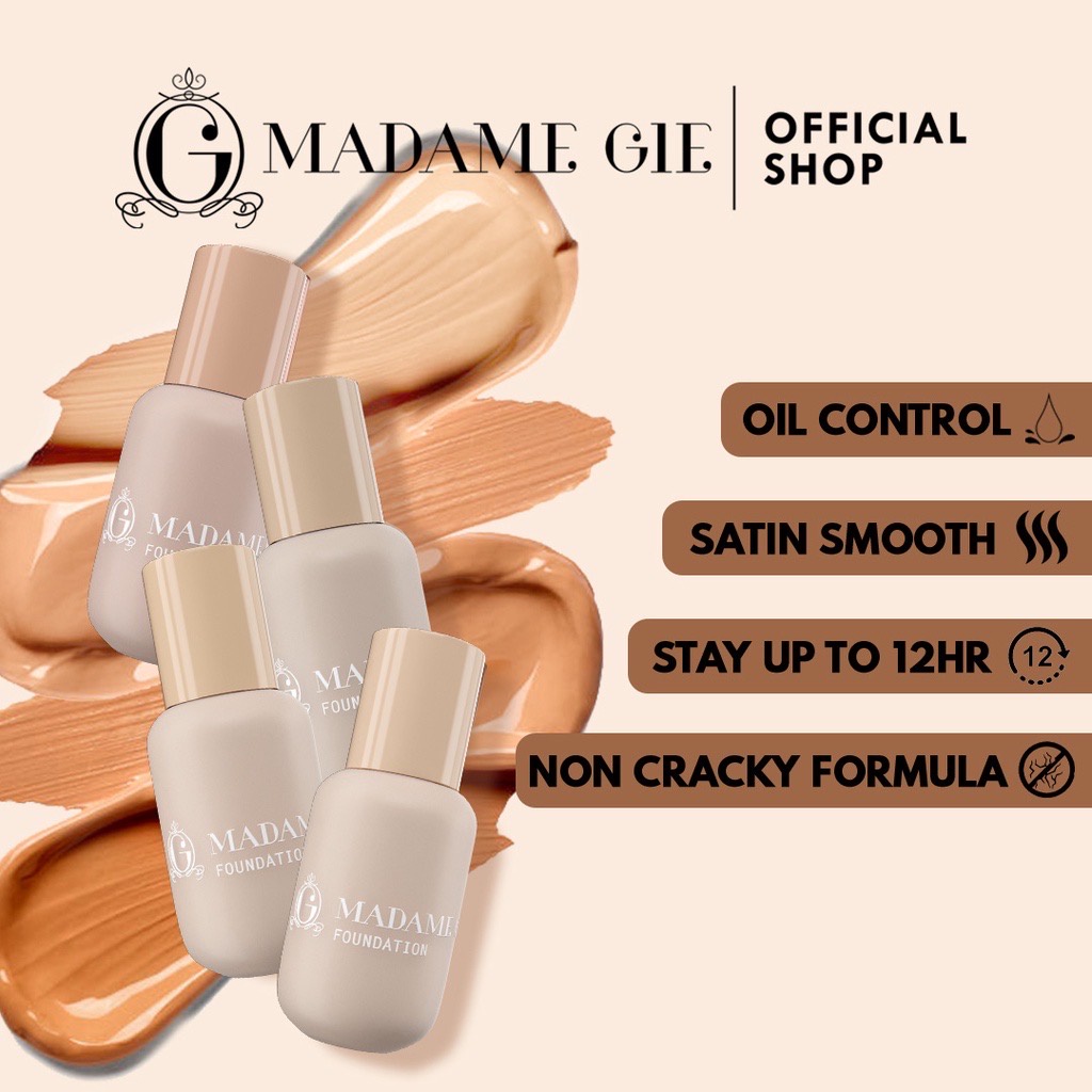 MADAME GIE Airy Coverstay Foundation Indonesia / High Coverage Longlasting 36g Oil Control Satin Smooth Non Cracky Stay Up To 12 H / Matte Light / Tahan Lama / Porcelain Light Medium Natural Tan Cover Stay Liquid Cosmetic Face Make Up Concealer Corrector