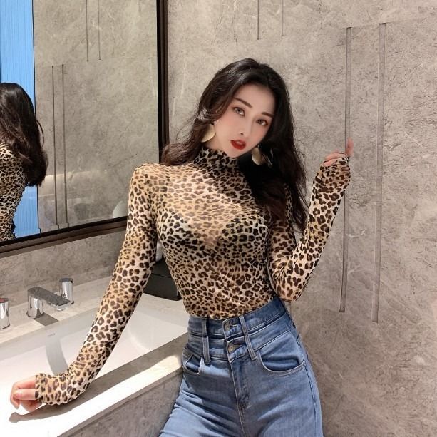 ✓▽✷Suhao chic gaya Hong Kong kerah setengah tinggi leopard top wanita musim gugur dan musim dingin temperamen slim slim lengan panjang T-shirt seksi kemeja bottoming