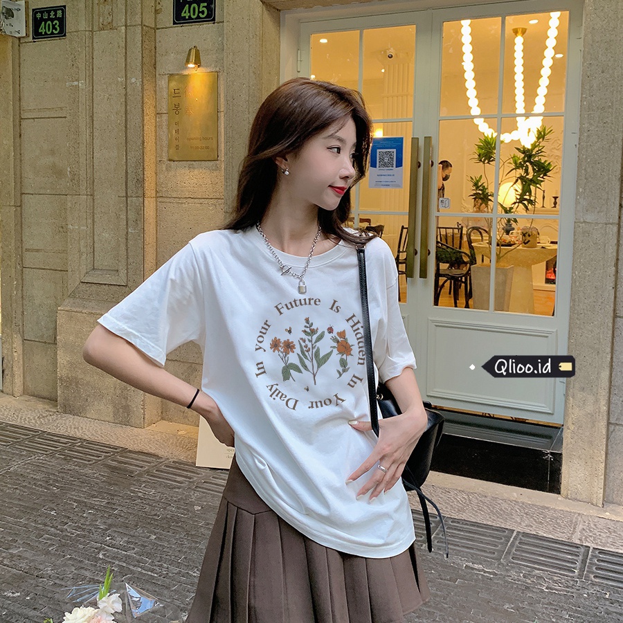 [3 Warna]Print T-shirt Kaos Lengan Pendek Cartoon Garland Atasan Wanita Korean Style