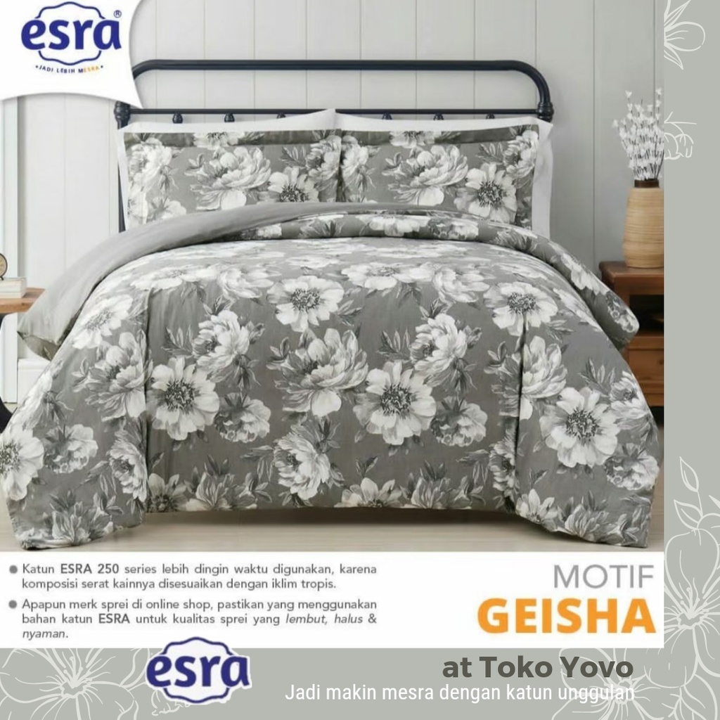 Sprei Katun Halus Esra Geisha Bunga Mawar Putih Grey Hitam BW Seprei