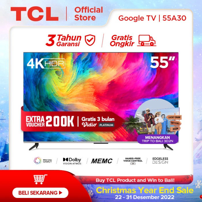 TCL 55 inch Smart TV-4K UHD-Dolby-Atmos-HFVC 2.0 -MEMC- 55A30 DISKON
