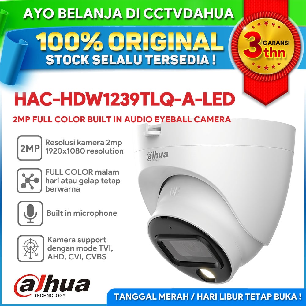 DAHUA HAC-HDW1239TLQP-A-LED 2MP FULL COLOR AUDIO HDCVI INDOOR EYEBALL