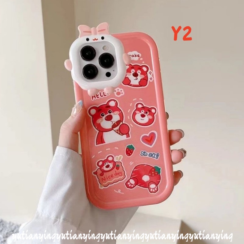 IPHONE Case Lensa Little Monster 3D Bow-knot Kompatibel Untuk Iphone7Plus11 Pro Max13 12 14 Pro Max 6s 6 8 14 Plus XR X XS Max SE 2020kartun Manis Strawberry Bear Manyo Cute Soft Cover