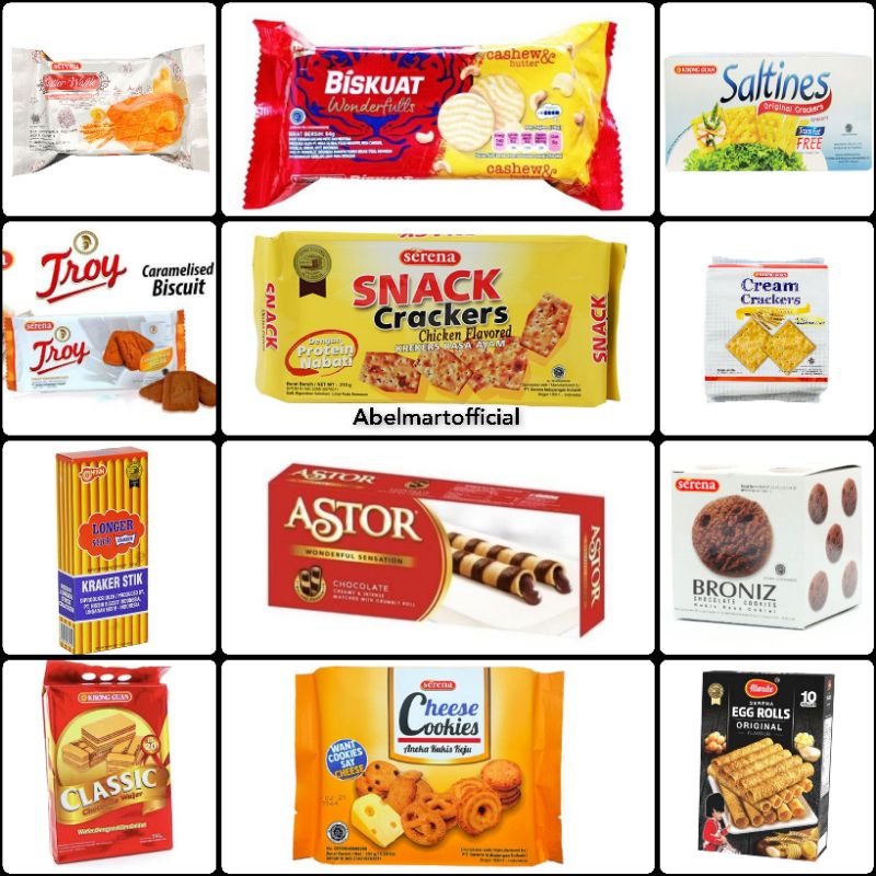 

ASTOR / BETTER / CHOCO PIE/ ROMA ARDEN /BISKUAT / ROMA MALKIST / HATARI / DINDON / SUPERSTAR / SUPERCO / TROY / MONDE / KHONG GUAN / NISSIN / SERENA / CHIZMILL / BUTTER COOKIES / EGG ROLL / WAFER / BISKUIT LEBARAN / CEMILAN