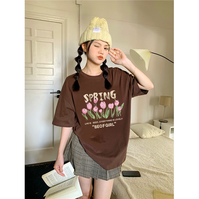 [100%  Katun]Vintage Kaos Lengan Pendek Cream Atasan Wanita Oversize Flower Printed T-shirt Kekinian Korean Style/kaos anak perempuan