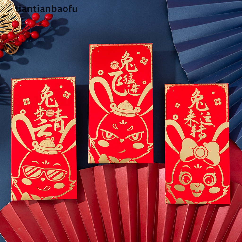 [tiantianbaofu] 6 Pcs 2023tahun Kelinci Imlek Festival Hongbao Bronzing Amplop Merah Kreatif Tas Uang Amplop Merah Festival Musim Semi Nikah Ulang Tahun Amplop Merah Butik