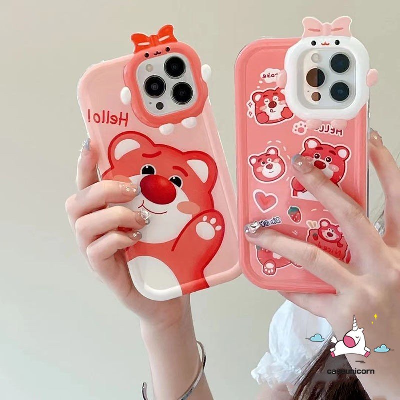 IPHONE Casing Kartun Strawberry Bear Manyo Sweet Case Kompatibel Untuk Iphone11 14 13 12 Pro Max8 7 6s 6 Plus XR XS Max14Plus X Se2020Lucu 3D Busur-Simpul Monster Kecil Lensa Soft Cover