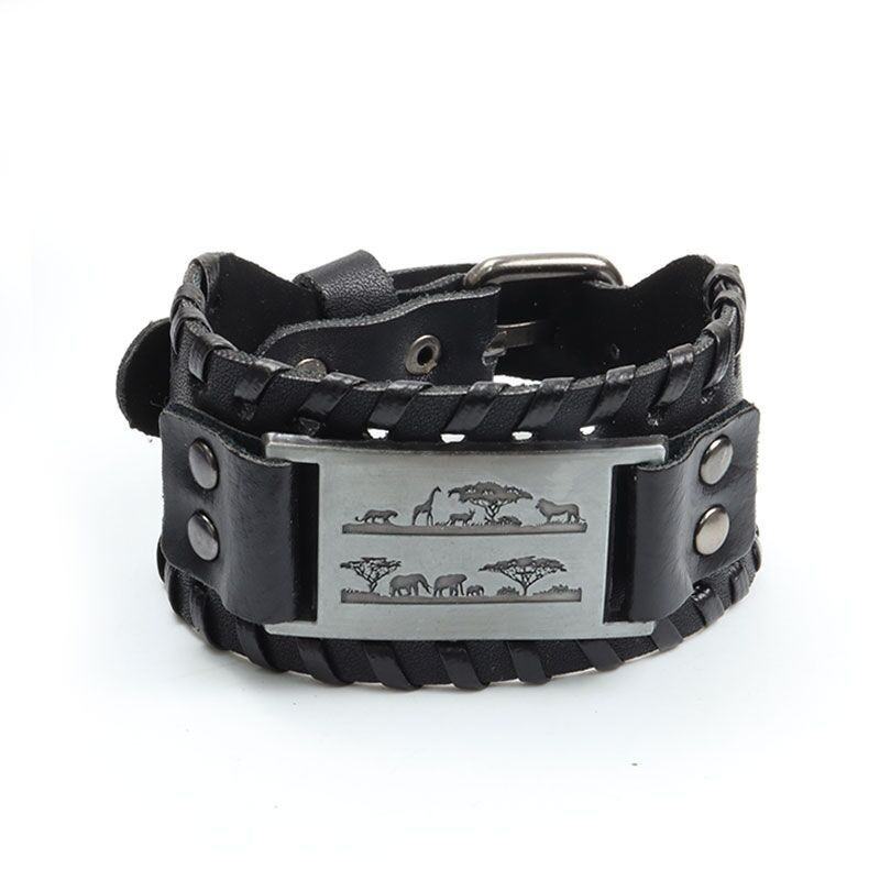 [Z H Perhiasan] Viking Pria Fashion Pemandangan Lukisan Kulit Anyaman Gelang Stainless Steel/Aksesoris Perhiasan Pesta 18.5CM~21.5CM