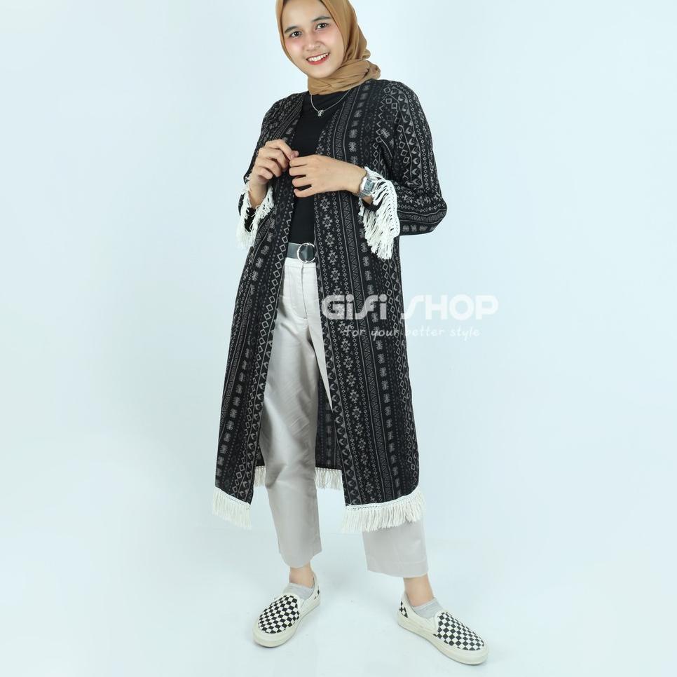 Booming GIFI - Cardigan Panjang Wanita Cardigan Rumbai Putih Bahan Cotton Rayon