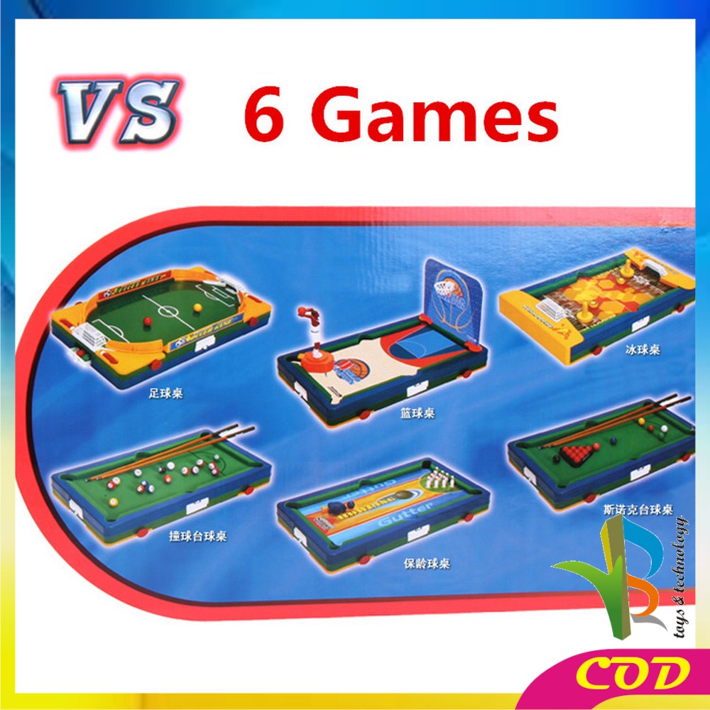 RB-M54 Mainan Anak Laki Laki Game Meja Billiard Multifungsi 6in1 Bola Kaki Bowling Bola Basket Golf