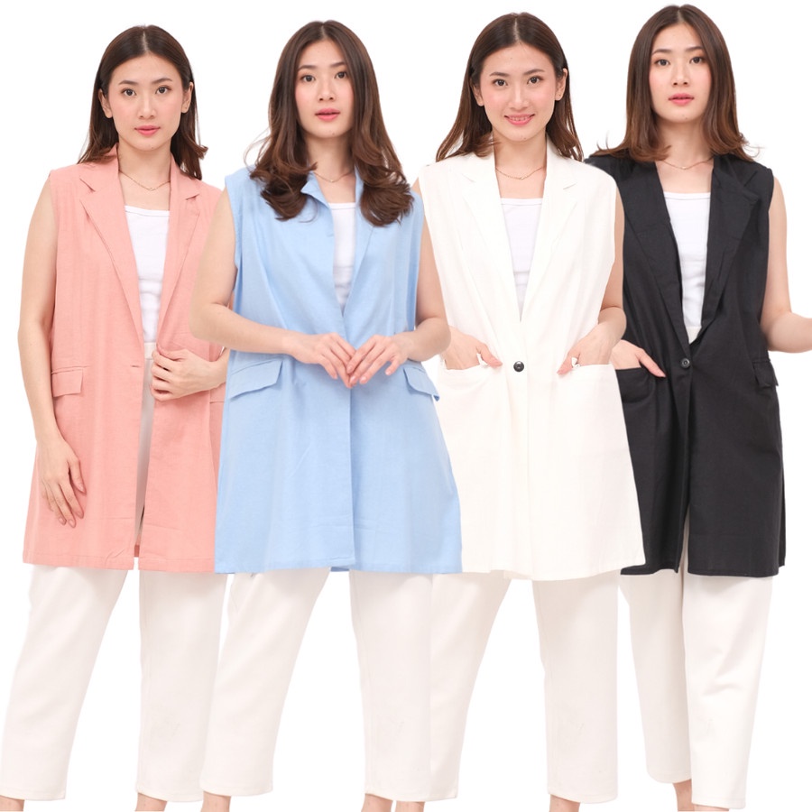 Vest Outwear Wanita, Rompi Cardigan Linen Formal Casual Mixi